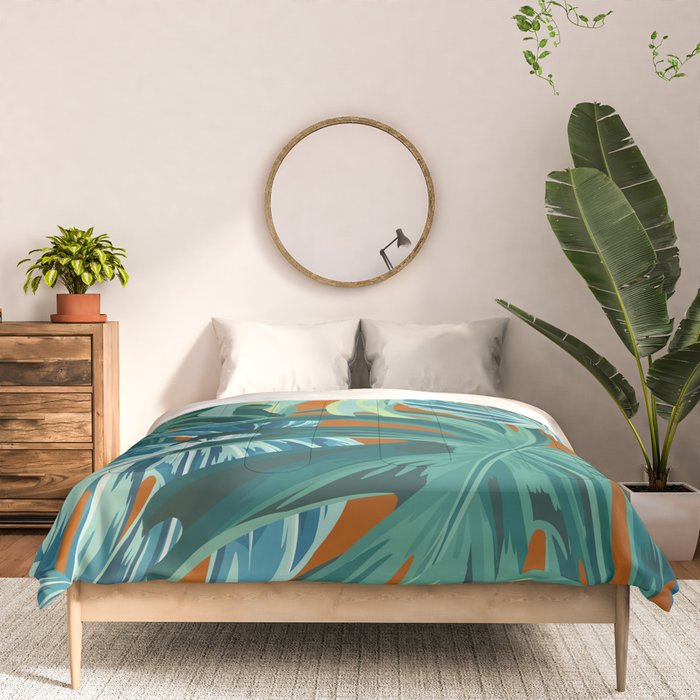 Tropical Monstera Palm Leaves on Orange Comforter Gallery Image 3
