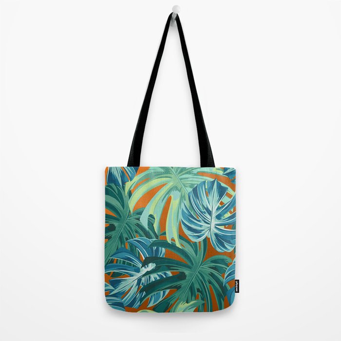 Tropical Monstera Palm Leaves on Orange Tote Bag Gallery Image 2