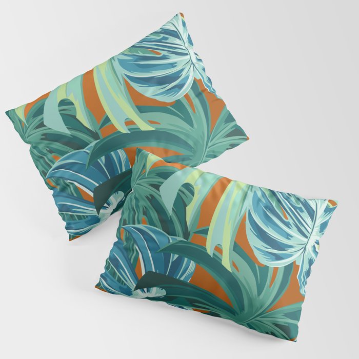 Tropical Monstera Palm Leaves on Orange Pillow Sham Gallery Image 3