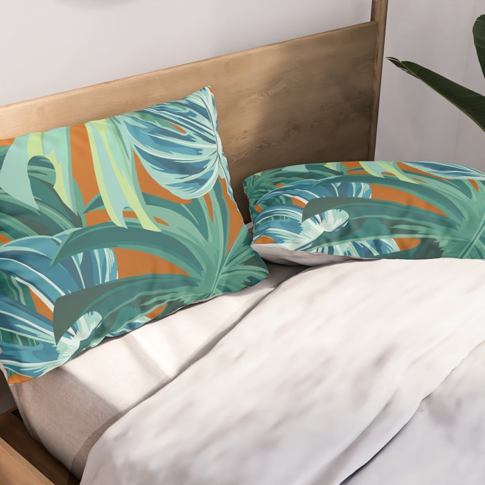 Tropical Monstera Palm Leaves on Orange Pillow Sham Gallery Image 2