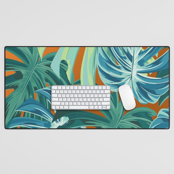 Tropical Monstera Palm Leaves on Orange Desk Mat Gallery Image 1