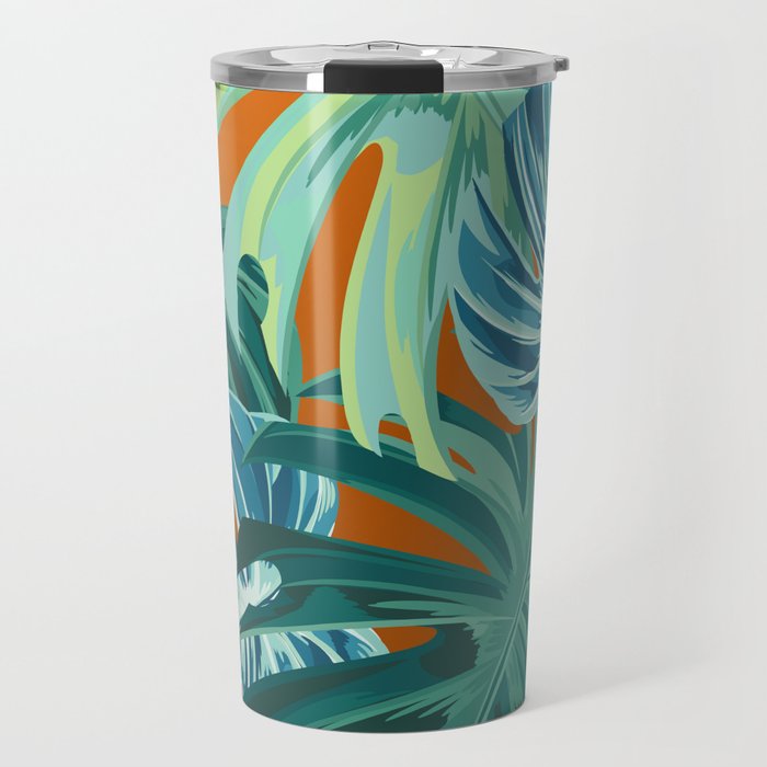 Tropical Monstera Palm Leaves on Orange Travel Mug Gallery Image 1