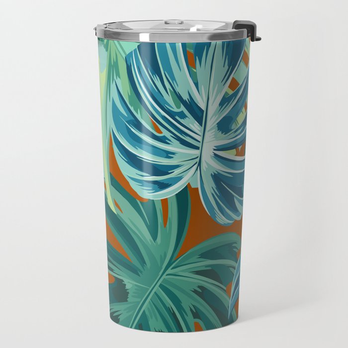 Tropical Monstera Palm Leaves on Orange Travel Mug Gallery Image 2