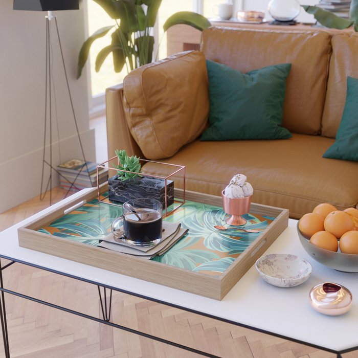 Tropical Monstera Palm Leaves on Orange Serving Tray Gallery Image 2