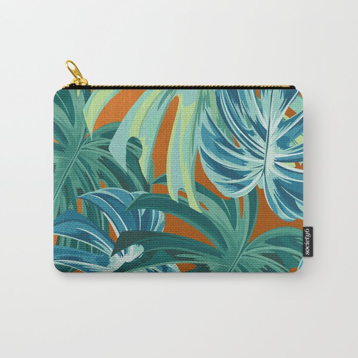 Tropical Monstera Palm Leaves on Orange Carry All Pouch Gallery Image 1