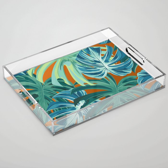 Tropical Monstera Palm Leaves on Orange Acrylic Tray Gallery Image 1