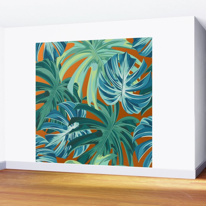 Tropical Monstera Palm Leaves on Orange Wall Mural Gallery Image 2