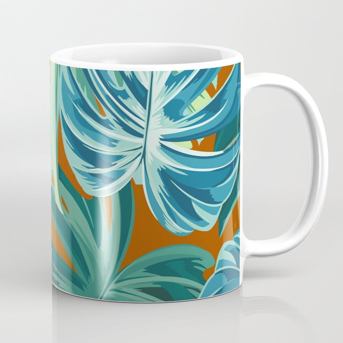 Tropical Monstera Palm Leaves on Orange Coffee Mug Gallery Image 1