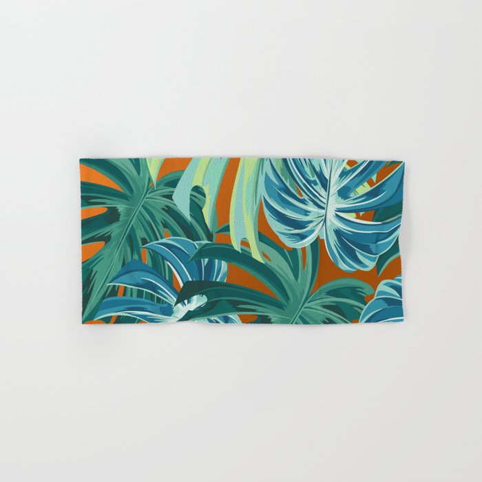 Tropical Monstera Palm Leaves on Orange Bath Towel Gallery Image 1