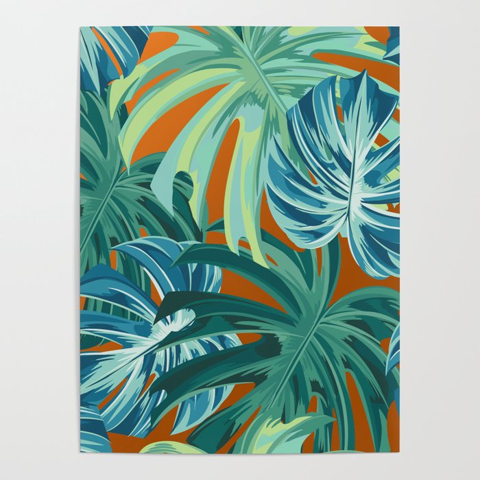 Tropical Monstera Palm Leaves on Orange Poster Gallery Image 4