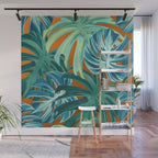 Tropical Monstera Palm Leaves on Orange Wall Mural Gallery Image 1