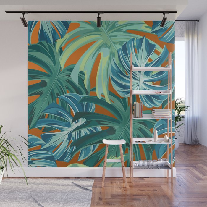 Tropical Monstera Palm Leaves on Orange Wall Mural Gallery Image 1