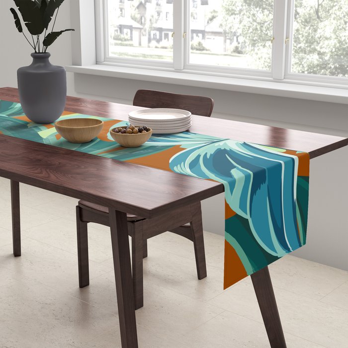 Tropical Monstera Palm Leaves on Orange Table Runner Gallery Image 2
