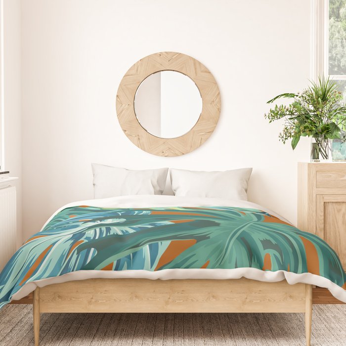 Tropical Monstera Palm Leaves on Orange Duvet Cover Gallery Image 3