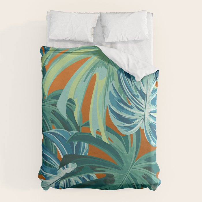 Tropical Monstera Palm Leaves on Orange Duvet Cover Gallery Image 1