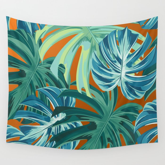Tropical Monstera Palm Leaves on Orange Wall Tapestry Gallery Image 4