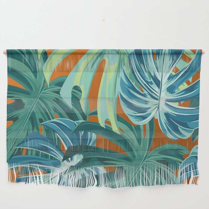 Tropical Monstera Palm Leaves on Orange Wall Hanging Gallery Image 1