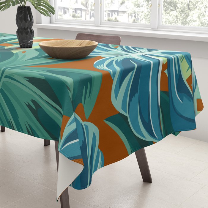 Tropical Monstera Palm Leaves on Orange Tablecloth Gallery Image 3