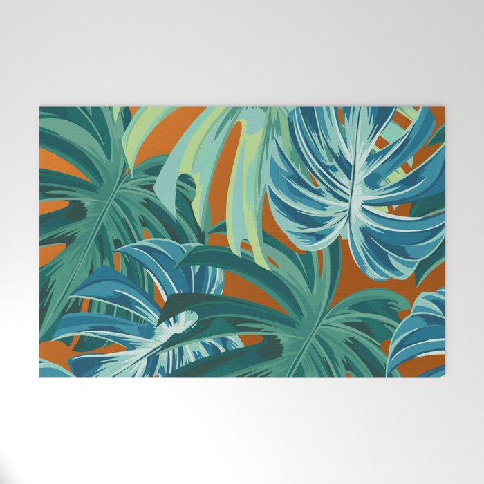 Tropical Monstera Palm Leaves on Orange Welcome Mat Gallery Image 1