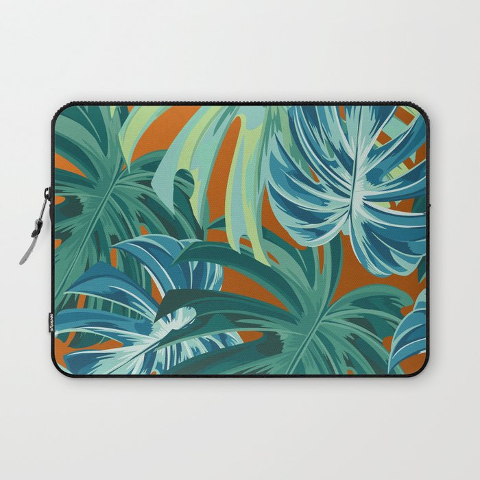 Tropical Monstera Palm Leaves on Orange Laptop Sleeve Gallery Image 1