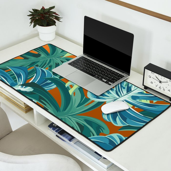 Tropical Monstera Palm Leaves on Orange Desk Mat Gallery Image 2