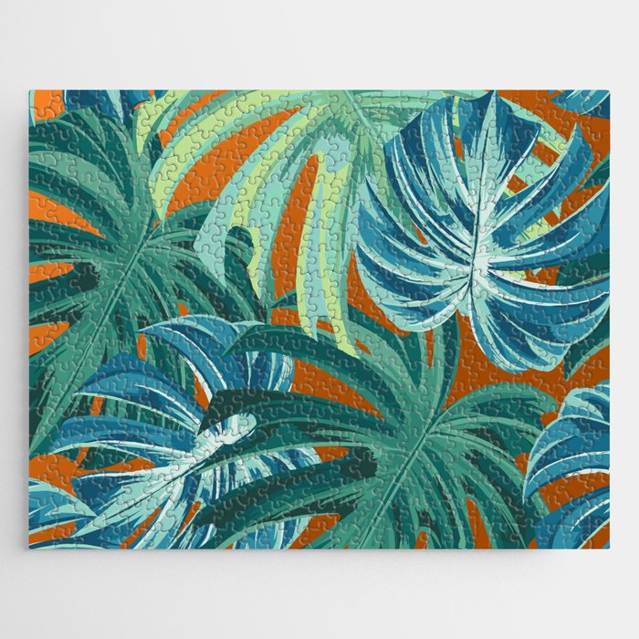 Tropical Monstera Palm Leaves on Orange Jigsaw Puzzle Gallery Image 1