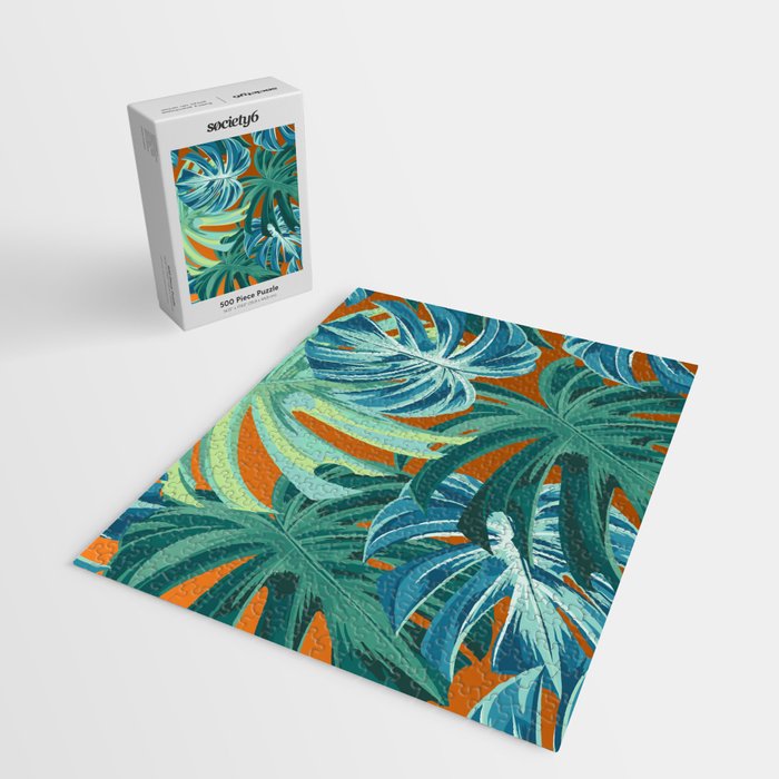 Tropical Monstera Palm Leaves on Orange Jigsaw Puzzle Gallery Image 2