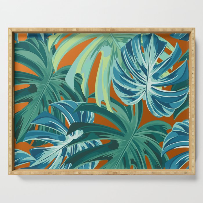 Tropical Monstera Palm Leaves on Orange Serving Tray Gallery Image 1