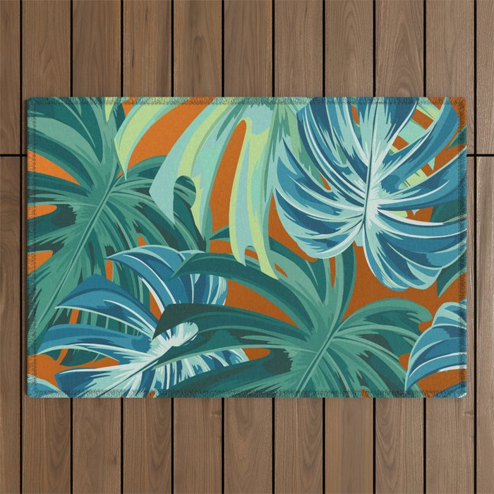 Tropical Monstera Palm Leaves on Orange Outdoor Rug Gallery Image 1