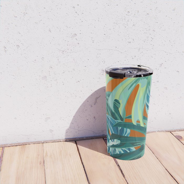 Tropical Monstera Palm Leaves on Orange Travel Mug Gallery Image 4