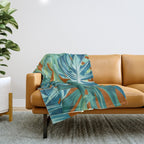 Tropical Monstera Palm Leaves on Orange Throw Blanket Gallery Image 1