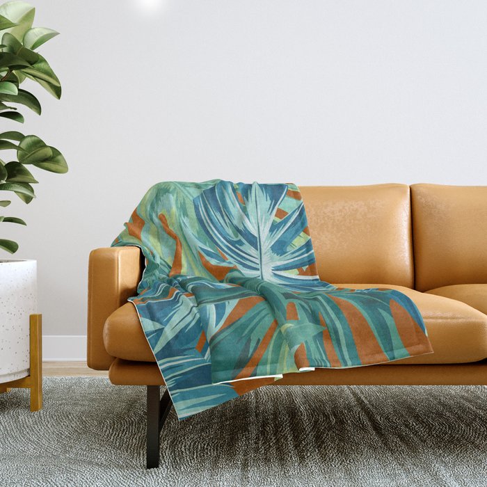 Tropical Monstera Palm Leaves on Orange Throw Blanket Gallery Image 1