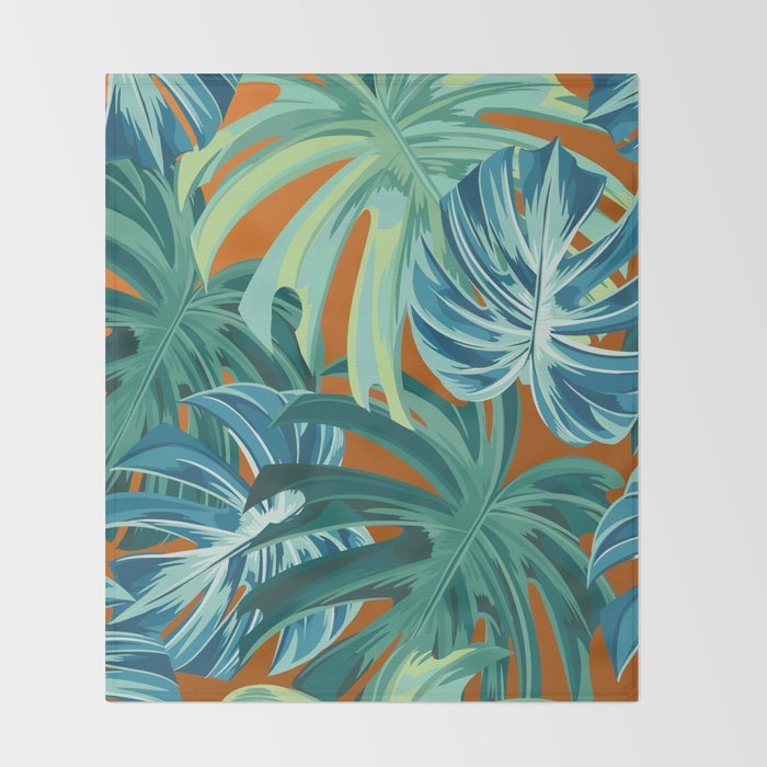 Tropical Monstera Palm Leaves on Orange Throw Blanket Gallery Image 2