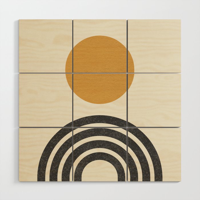 Mid century modern gold sun and black rainbow Wood Wall Art Gallery Image 1