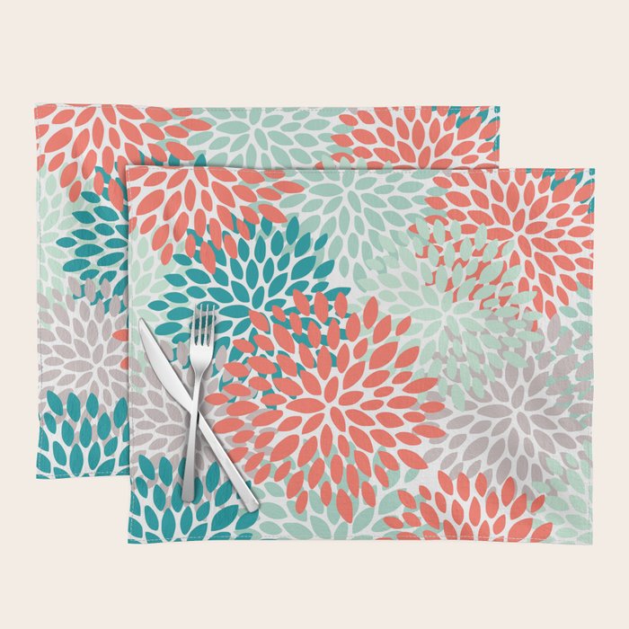 Floral Pattern, Orange, Teal, Mint Green, Flower Print Placemat Gallery Image 1