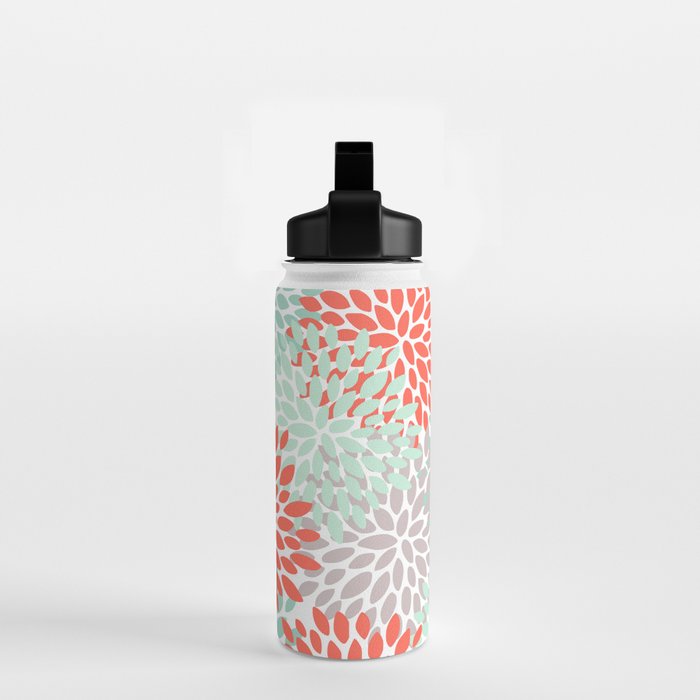Floral Pattern, Orange, Teal, Mint Green, Flower Print Water Bottle Gallery Image 2