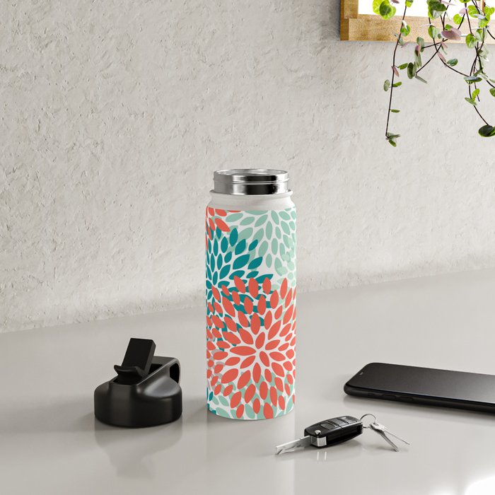 Floral Pattern, Orange, Teal, Mint Green, Flower Print Water Bottle Gallery Image 4