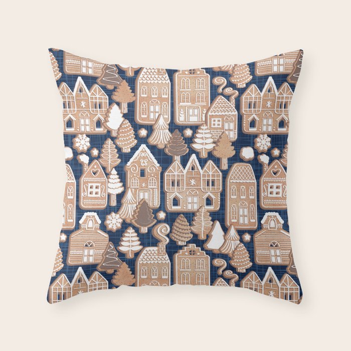 Whimsical Gingerbread Christmas Village // blue and brown Throw Pillow Gallery Image 1