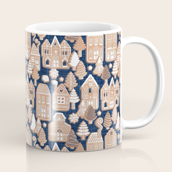 Whimsical Gingerbread Christmas Village // blue and brown Coffee Mug Gallery Image 1