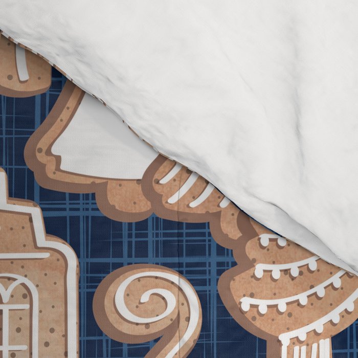 Whimsical Gingerbread Christmas Village // blue and brown Comforter Gallery Image 4