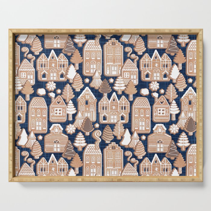 Whimsical Gingerbread Christmas Village // blue and brown Serving Tray Gallery Image 1