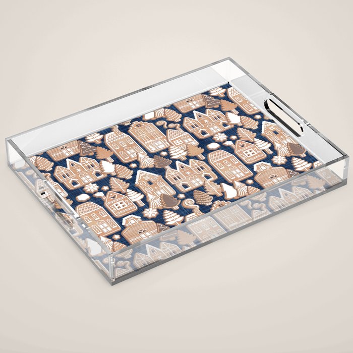 Whimsical Gingerbread Christmas Village // blue and brown Acrylic Tray Gallery Image 1