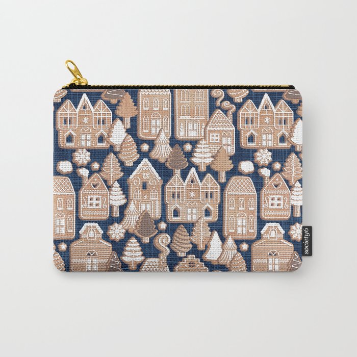 Whimsical Gingerbread Christmas Village // blue and brown Carry All Pouch Gallery Image 1