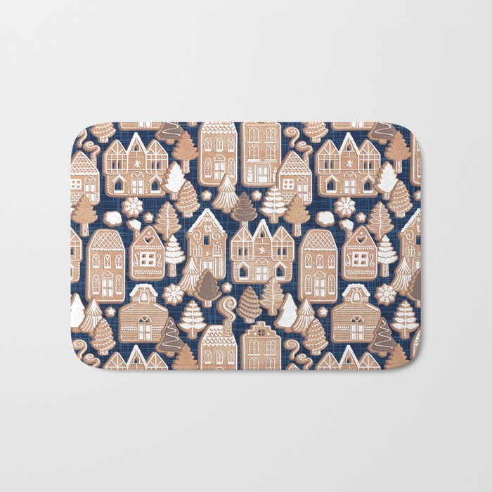 Whimsical Gingerbread Christmas Village // blue and brown Bath Mat Gallery Image 1