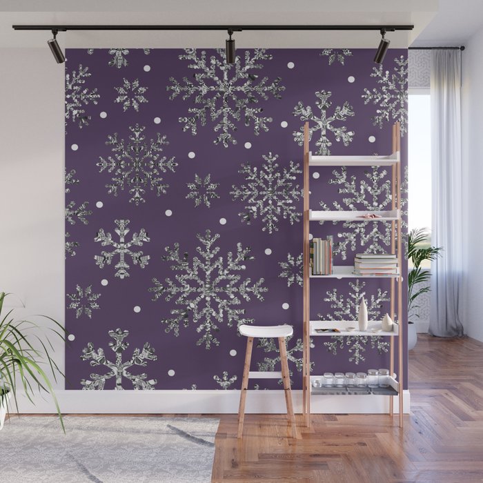 Vintage Christmas Silver snowflakes plum purple Wall Mural Gallery Image 1