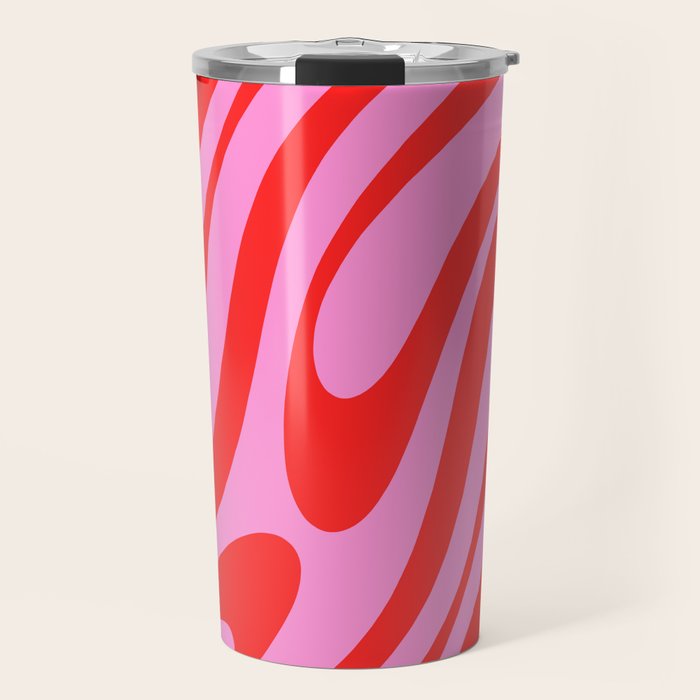 Preppy Pink and Red Retro Abstract Wavy Loops Pop Pattern Travel Mug Gallery Image 1