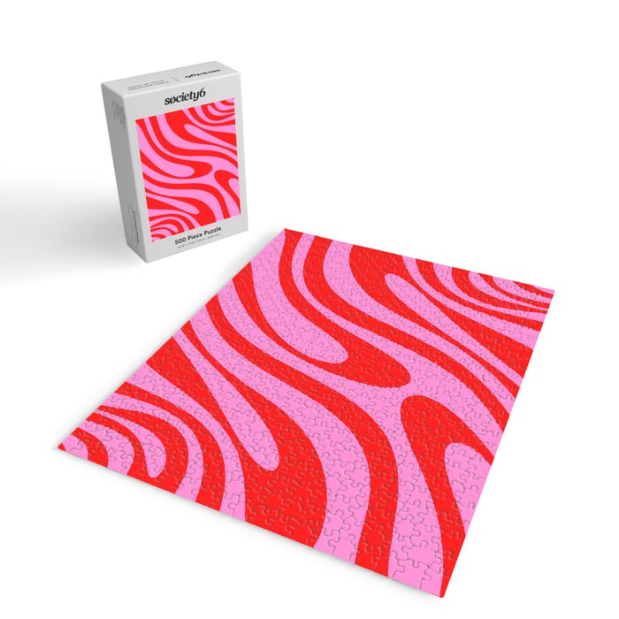 Preppy Pink and Red Retro Abstract Wavy Loops Pop Pattern Jigsaw Puzzle Gallery Image 2