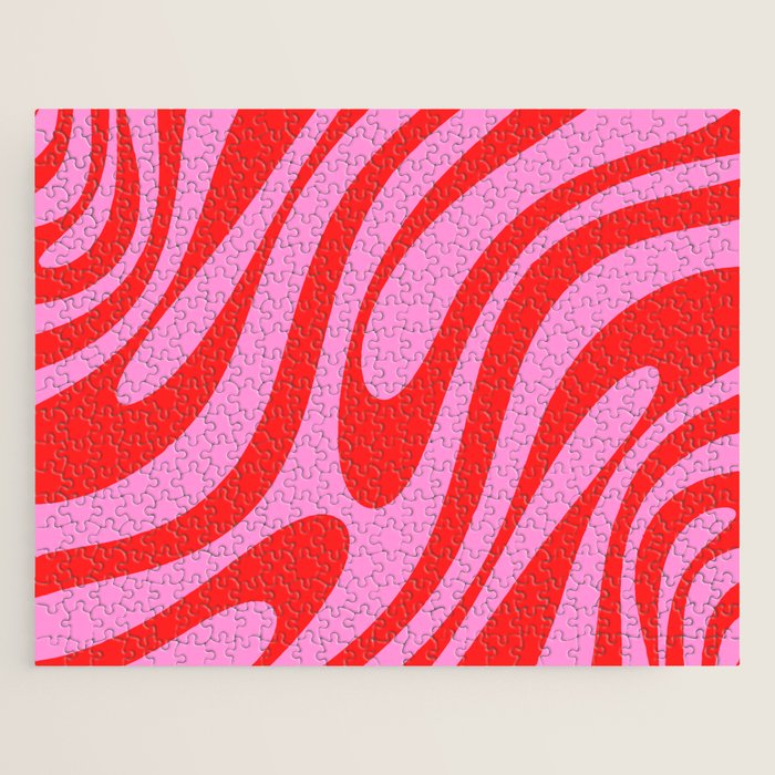 Preppy Pink and Red Retro Abstract Wavy Loops Pop Pattern Jigsaw Puzzle Gallery Image 1