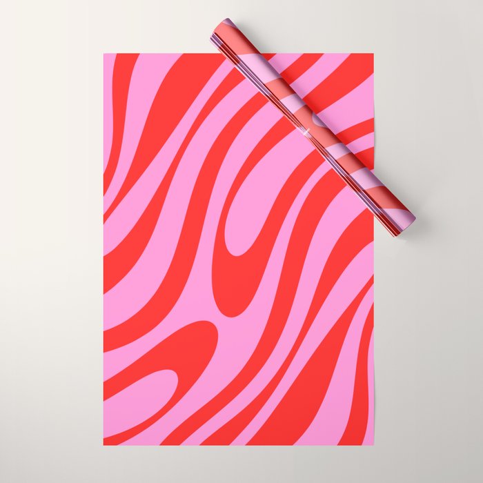 Preppy Pink and Red Retro Abstract Wavy Loops Pop Pattern Wrapping Paper Gallery Image 1