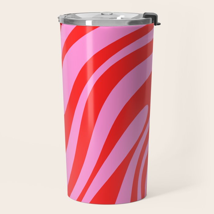 Preppy Pink and Red Retro Abstract Wavy Loops Pop Pattern Travel Mug Gallery Image 2
